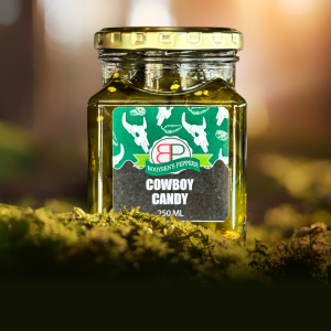 A jar of Booysens Peppers Cowboy Candy sits on green moss in a sunlit forest setting.