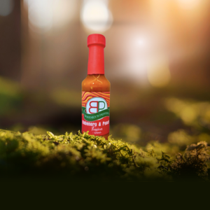 A bottle of Booysens Peppers Habanero & Peach Fusion hot sauce on green moss, with a blurred forest and sunlight in the background.