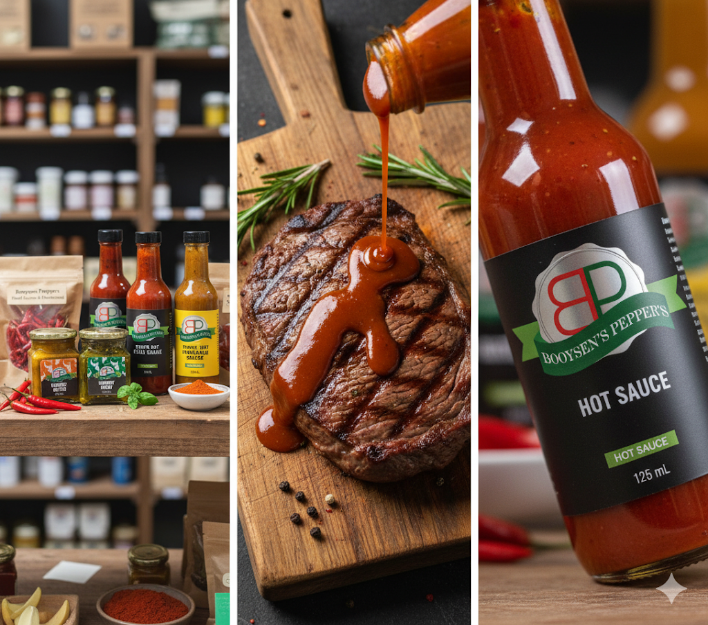 A collage of Booysens Peppers products on a shelf, sauce being poured on a steak, and a close-up of the hot sauce bottle with the Booysens Peppers logo.