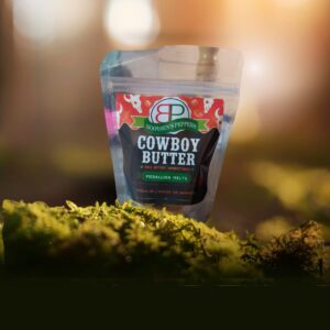 A resealable pouch of Booysen's Peppers Cowboy Butter Medallion Melts resting on sunlit green moss in a warm, rustic woodland setting.